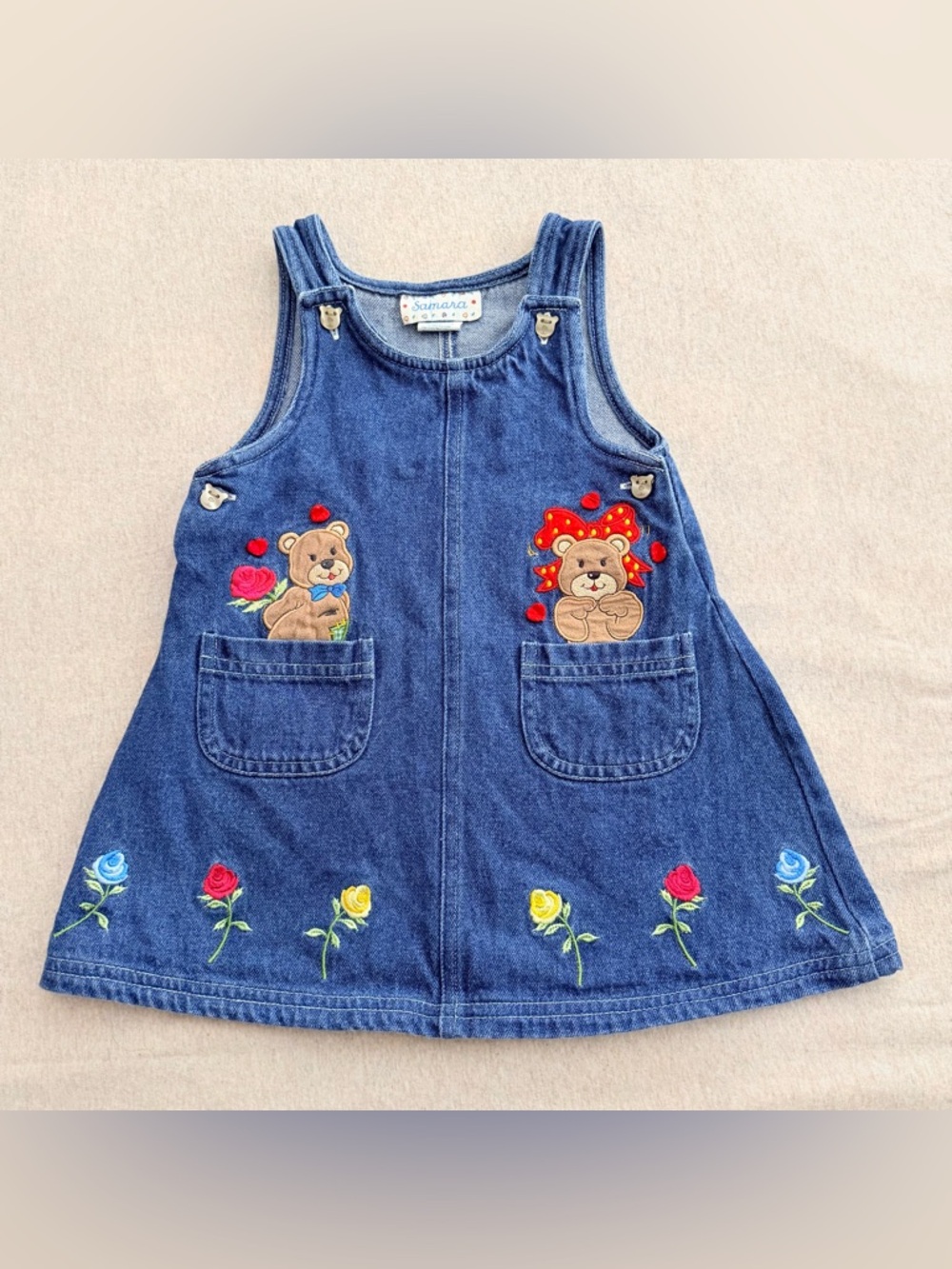 Vintage Samara Teddy bears embroidered denim dress